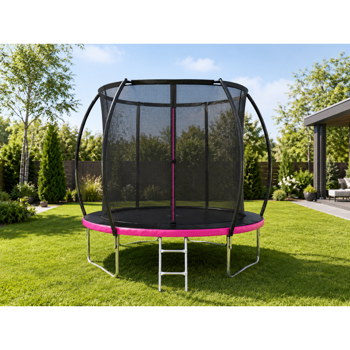 Zgardină de trampolină cu plasă de protecție și scară de culoare roz
