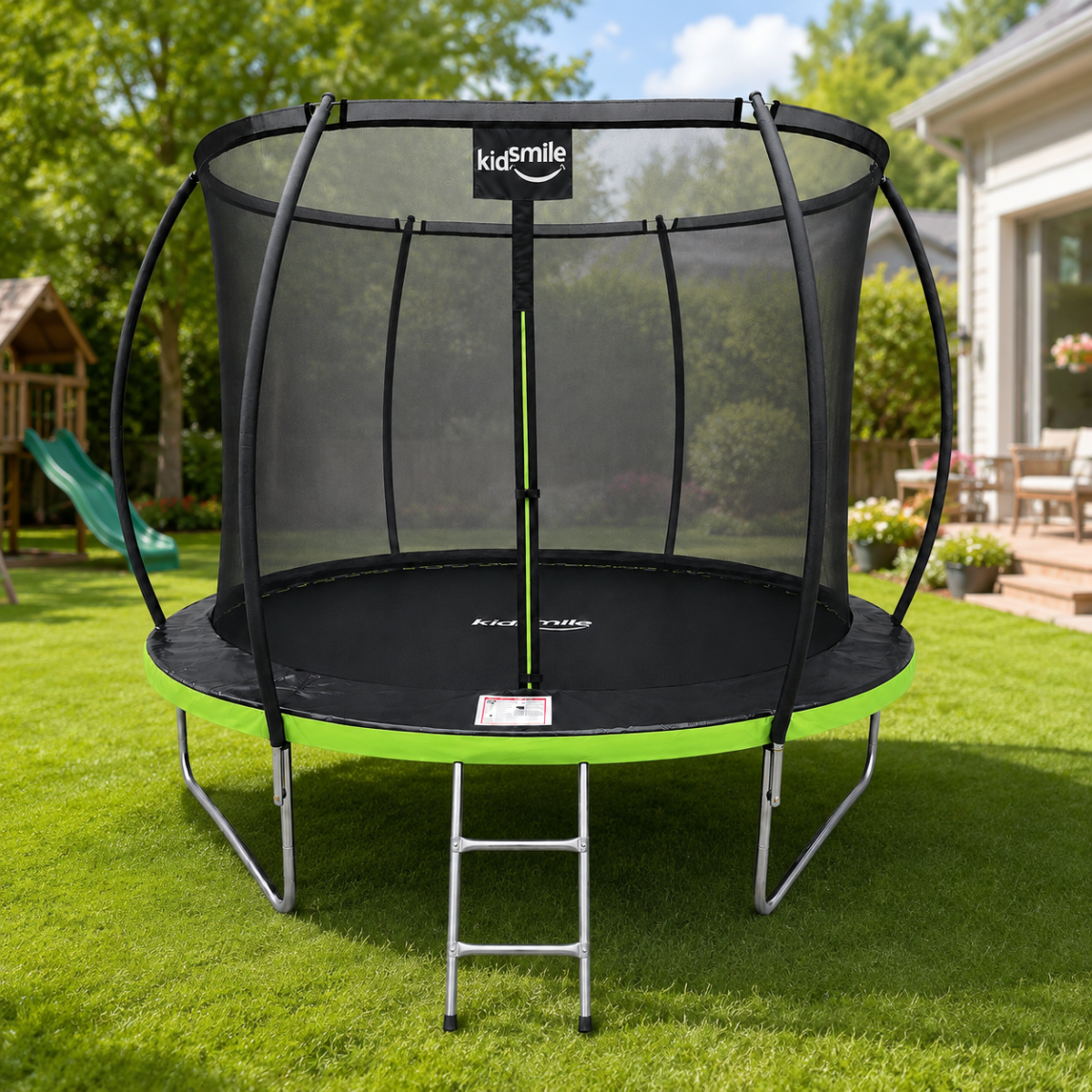 Trampolines mari cu diametrul de 312 cm în culoarea verde pentru copii.