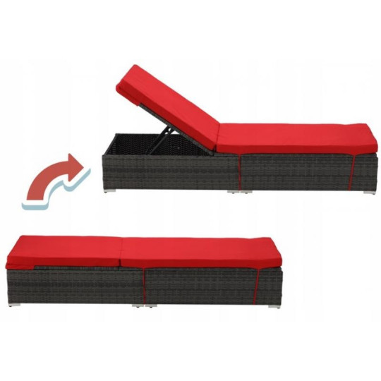 Șezlong de grădină din ratan cu perne roșii