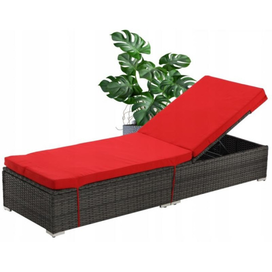 Șezlong de grădină din ratan cu perne roșii