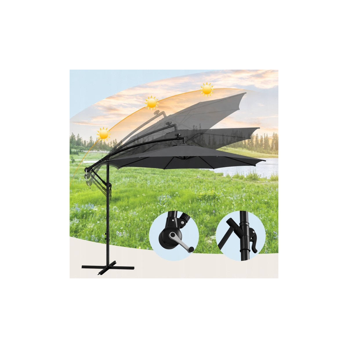 Umbrelă de soare LED originală, 300 cm, de culoare gri închis.
