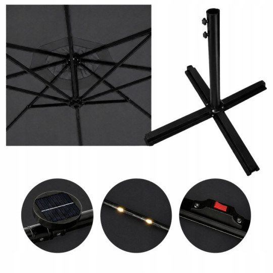 Umbrelă de soare LED originală, 300 cm, de culoare gri închis.