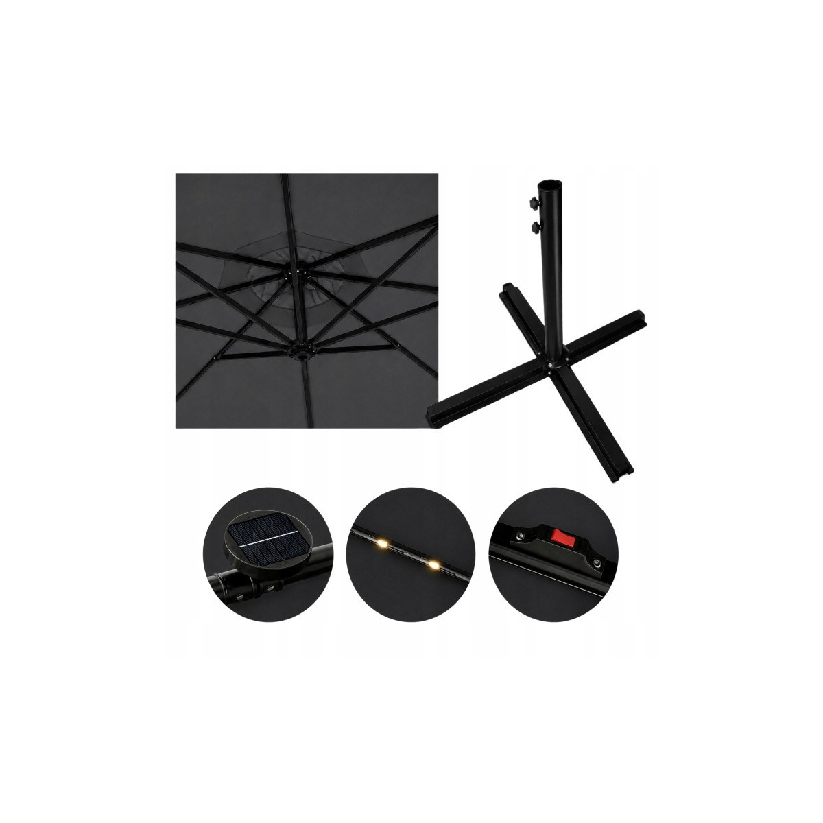 Umbrelă de soare LED originală, 300 cm, de culoare gri închis.