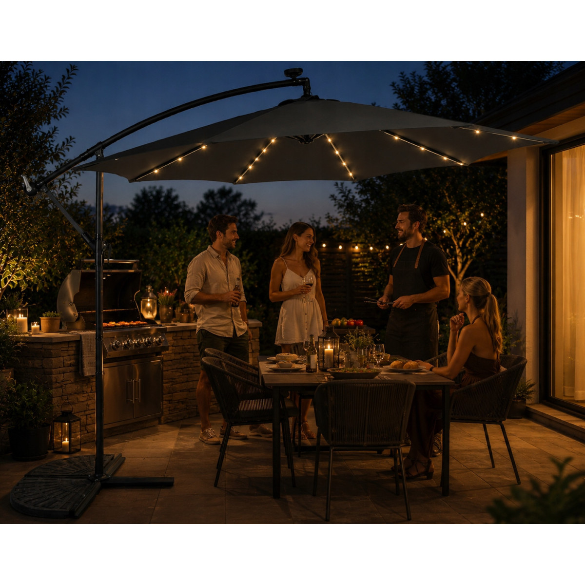 Umbrelă de soare LED originală, 300 cm, de culoare gri închis.