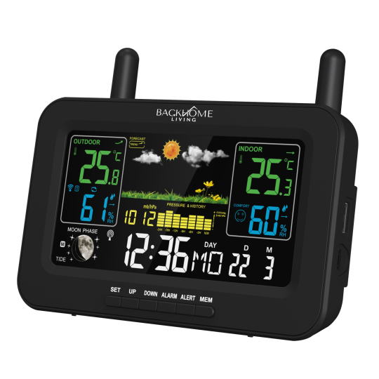 Stație meteorologică multifuncțională RCC cu încărcare pentru telefon, de culoare neagră.