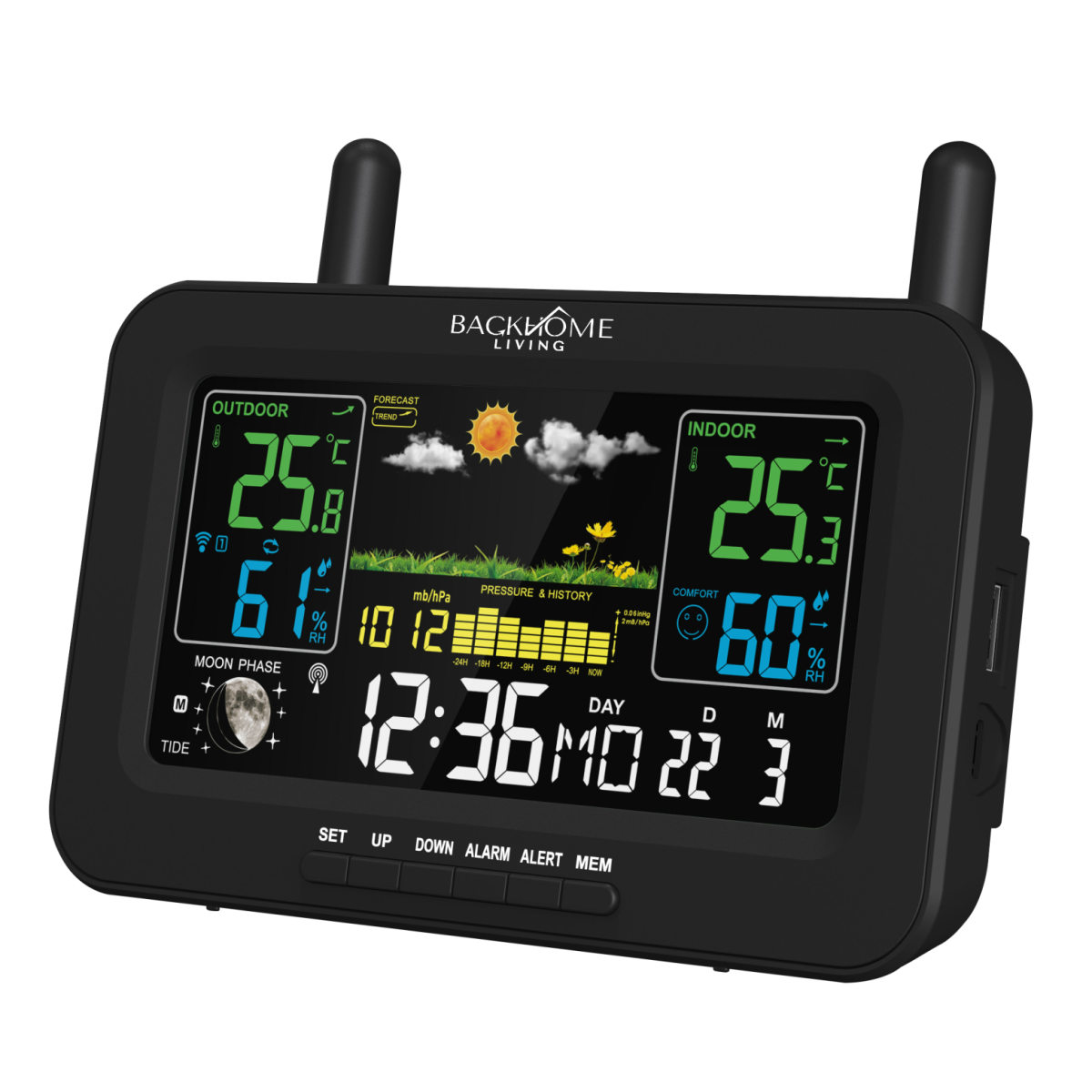 Stație meteorologică multifuncțională RCC cu încărcare pentru telefon, de culoare neagră.