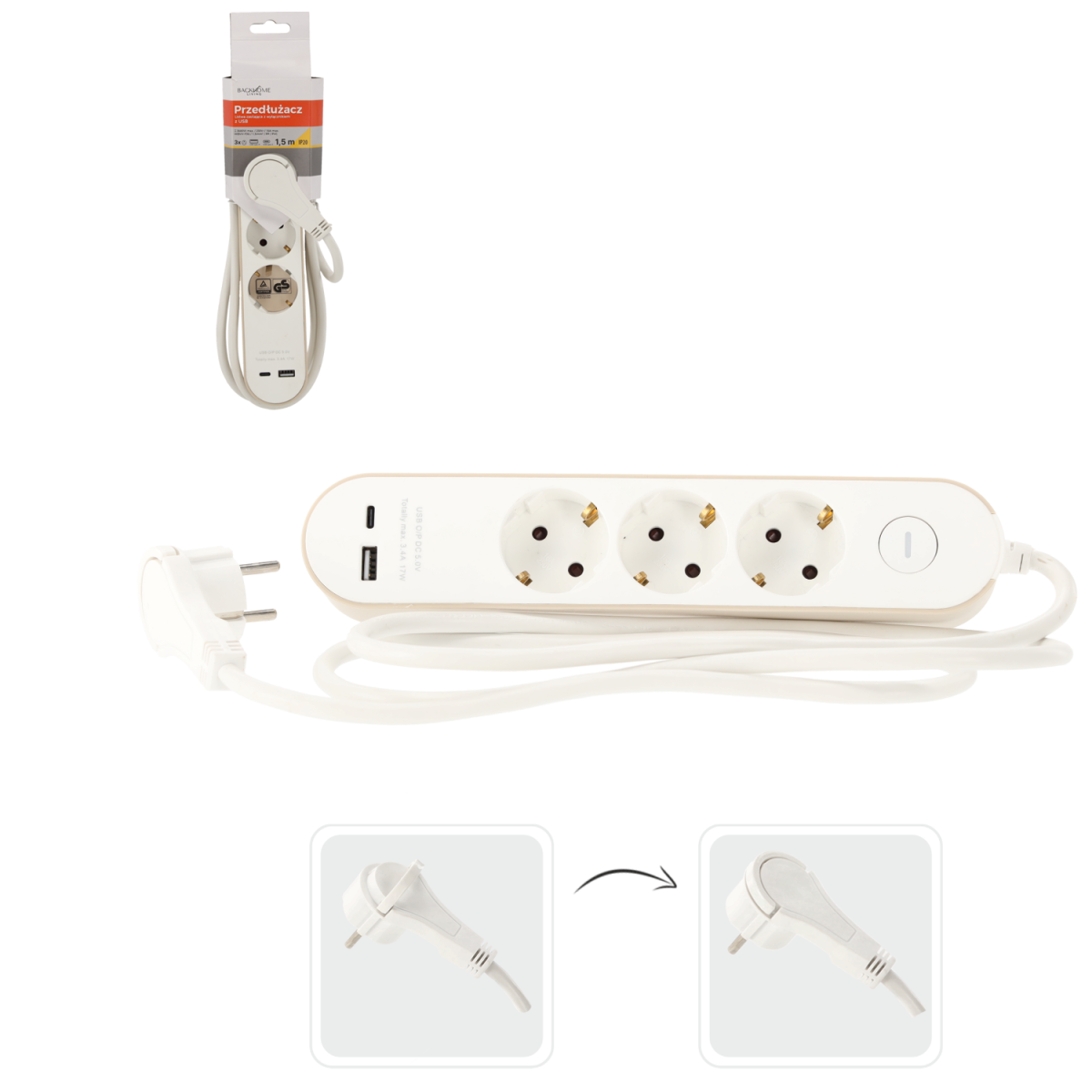 Prelungitor cu întrerupător – 3 prize, USB-A, USB-C, 1,5 m