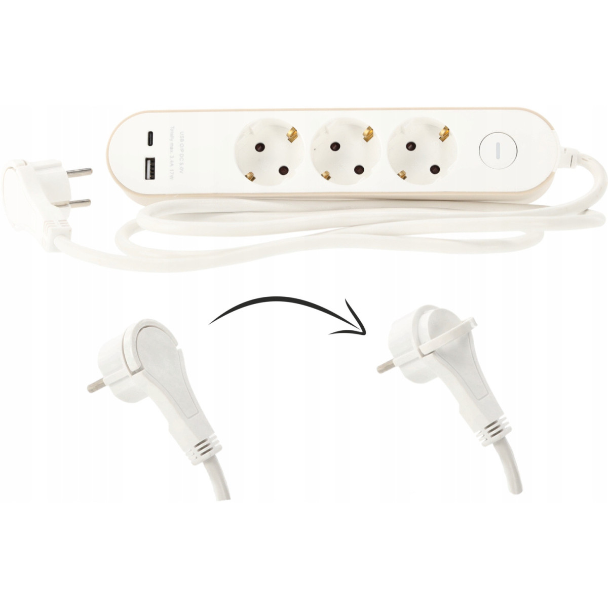 Prelungitor cu întrerupător – 3 prize, USB-A, USB-C, 1,5 m