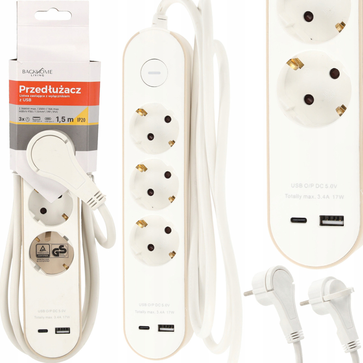 Prelungitor cu întrerupător – 3 prize, USB-A, USB-C, 1,5 m