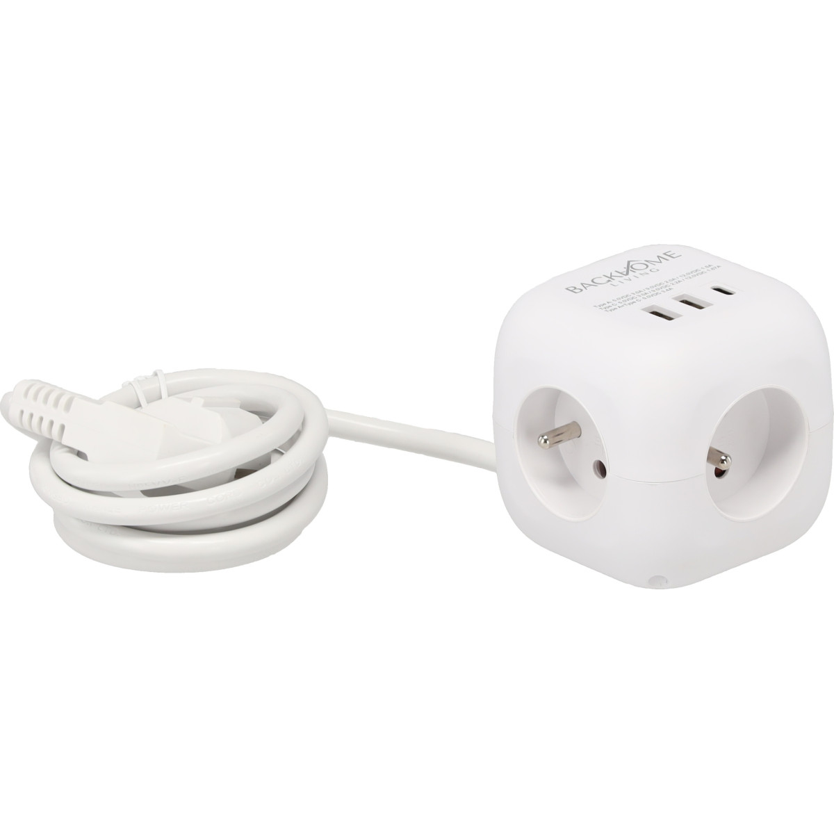 Cablu prelungitor în formă de cub – 3 prize, 2× USB-A, USB-C PD 20 W, 1,5 m