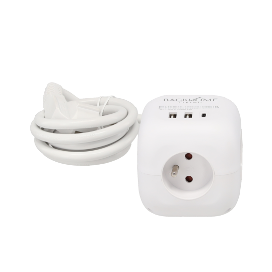Cablu prelungitor în formă de cub – 3 prize, 2× USB-A, USB-C PD 20 W, 1,5 m