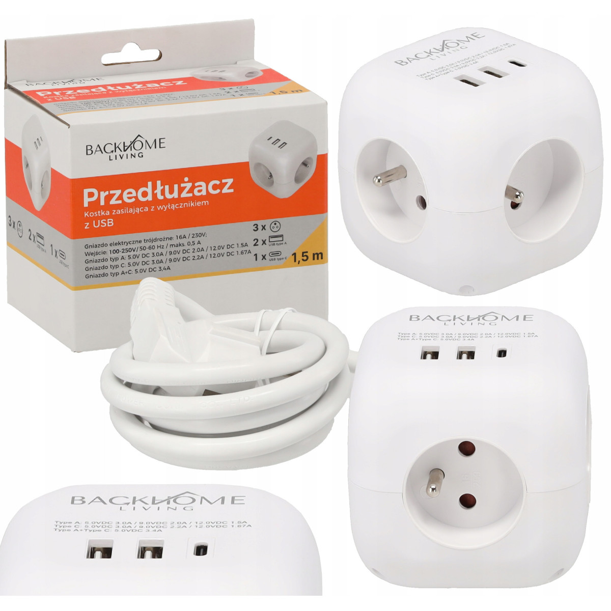 Cablu prelungitor în formă de cub – 3 prize, 2× USB-A, USB-C PD 20 W, 1,5 m