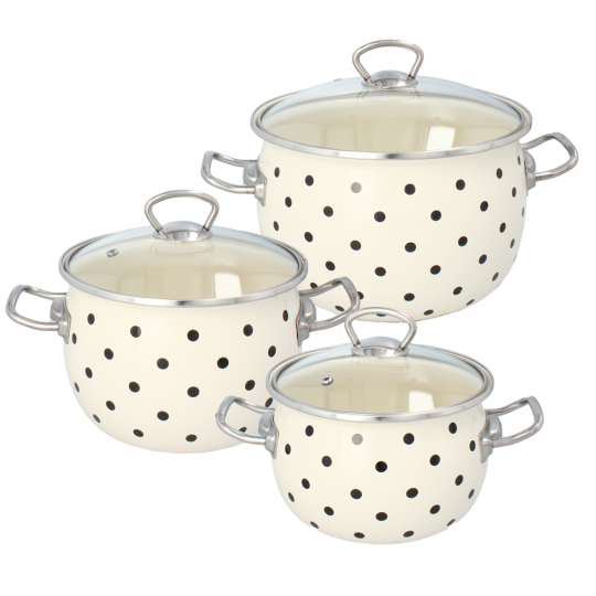 Set de oale emailate cu capace, 3 buc. – 2,5 l, 3,5 l și 5 l, alb cu buline
