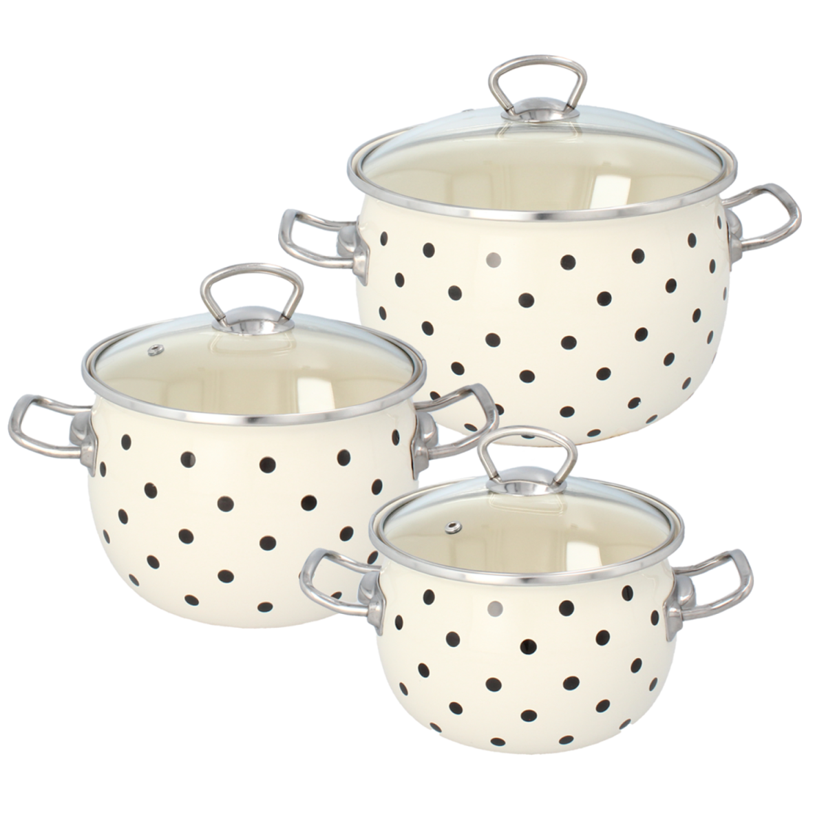 Set de oale emailate cu capace, 3 buc. – 2,5 l, 3,5 l și 5 l, alb cu buline