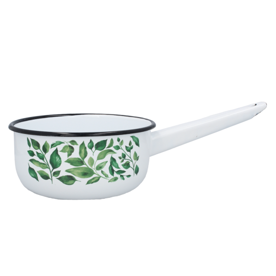 Cratiță emailată Fikus cu mâner 1,5 l – 16 cm, albă