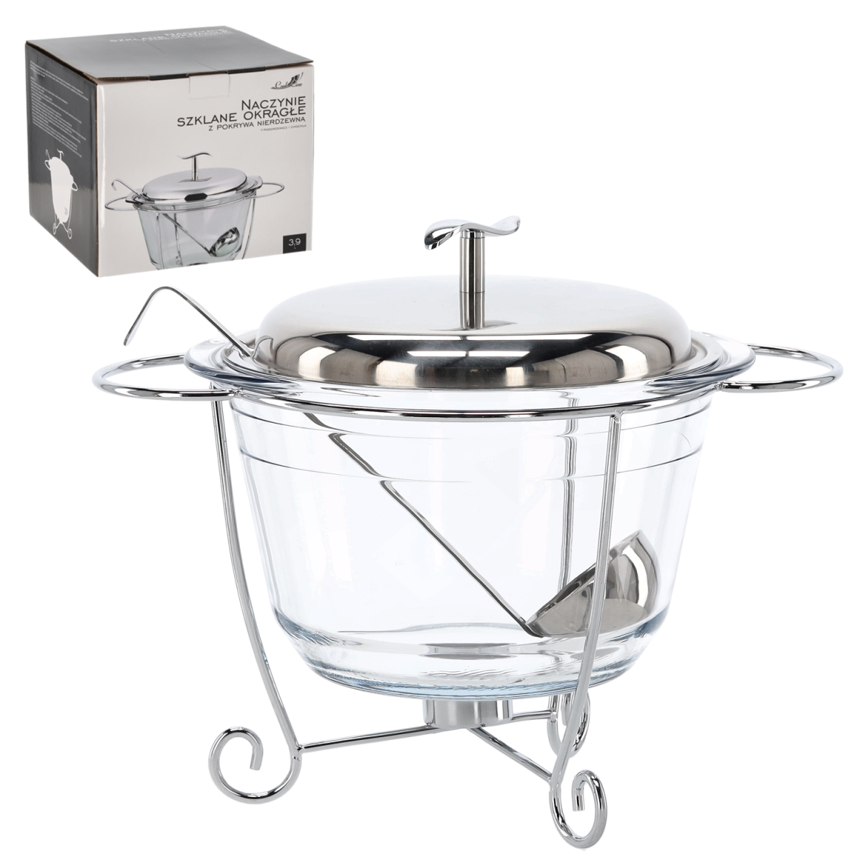 Recipient rotund din sticlă pentru servire cu încălzitor și polonic 3,9 l