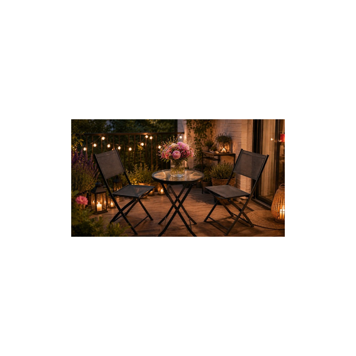 Set pliabil de balcon pentru 2 persoane – masă rotundă și 2 scaune de culoare neagră.