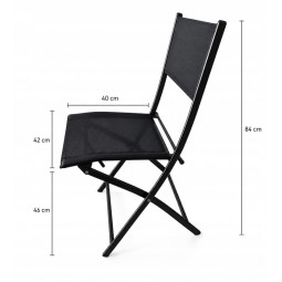 Set pliabil de balcon pentru 2 persoane – masă rotundă și 2 scaune de culoare neagră.