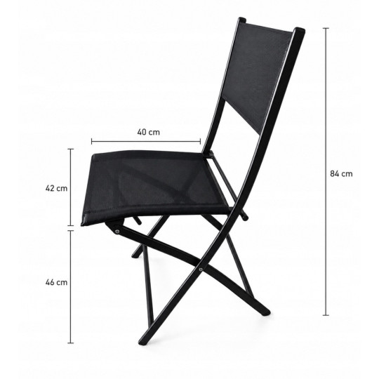 Set pliabil de balcon pentru 2 persoane – masă rotundă și 2 scaune de culoare neagră.