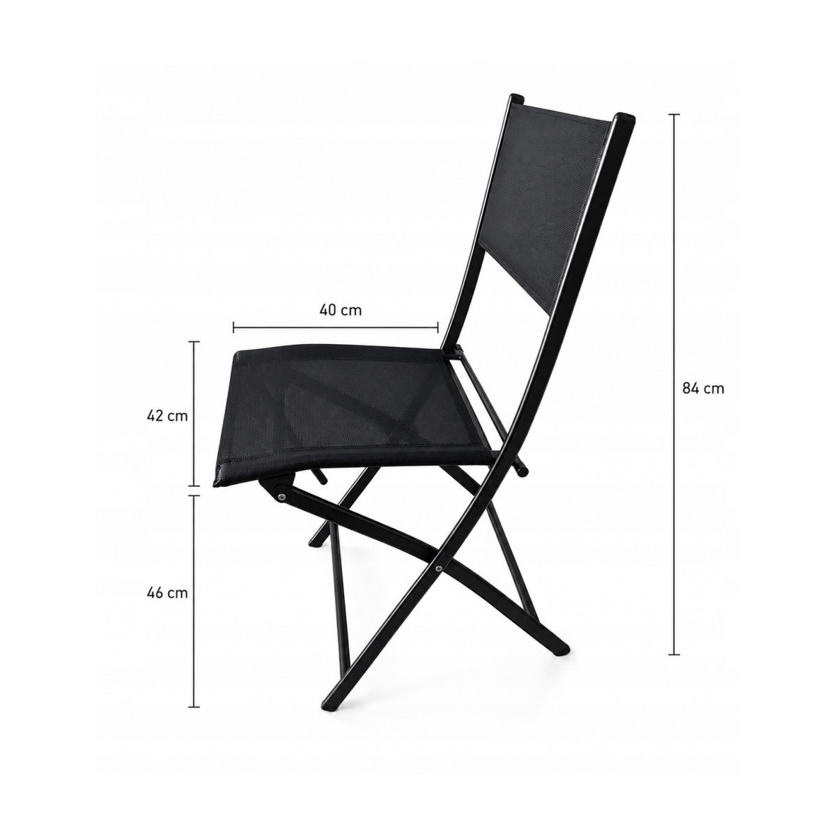 Set pliabil de balcon pentru 2 persoane – masă rotundă și 2 scaune de culoare neagră.