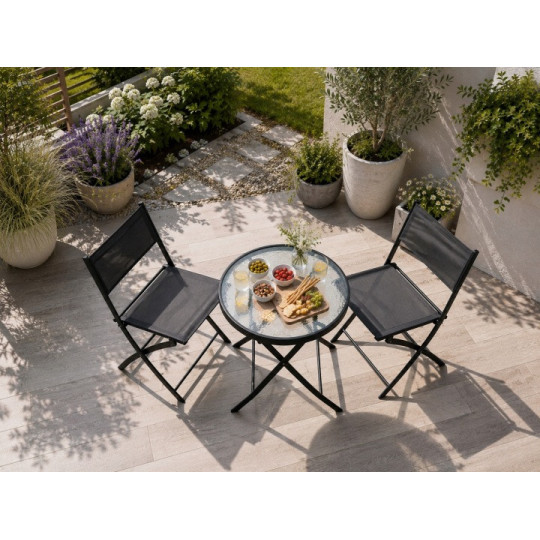 Set pliabil de balcon pentru 2 persoane – masă rotundă și 2 scaune de culoare neagră.