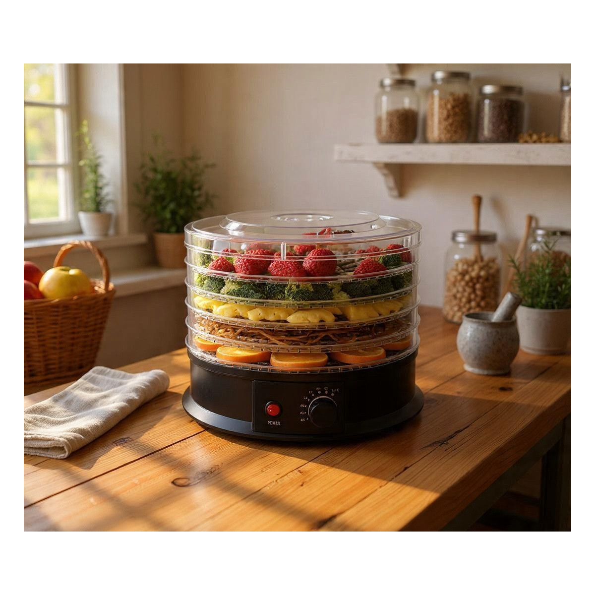 Deshidrator electric pentru alimente cu 5 niveluri și mecanism rotativ – 245 W, 32 cm