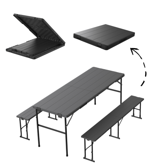 Set de catering pliabil de calitate, de culoare neagră – masă 178 cm și 2 bănci