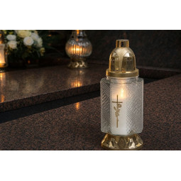 Candelă Cross, sticlă transparentă, aurită, 25,5 cm, 28 ore - pachet 12 buc.