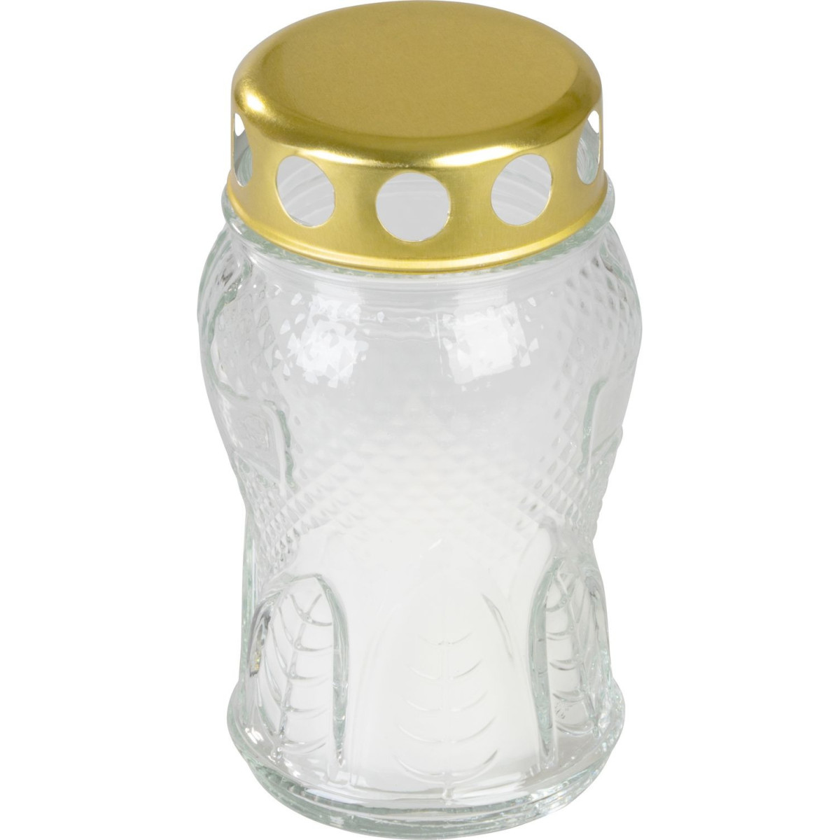 Candela Grave, sticlă transparentă cu inimioară, aurie, 12 cm, 16 h - pachet 6 buc.