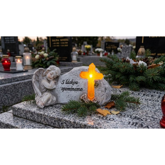 Decorațiune solară pentru mormânt MagicHome Înger cu cruce 20,5 × 11 × 11 cm, poliresină