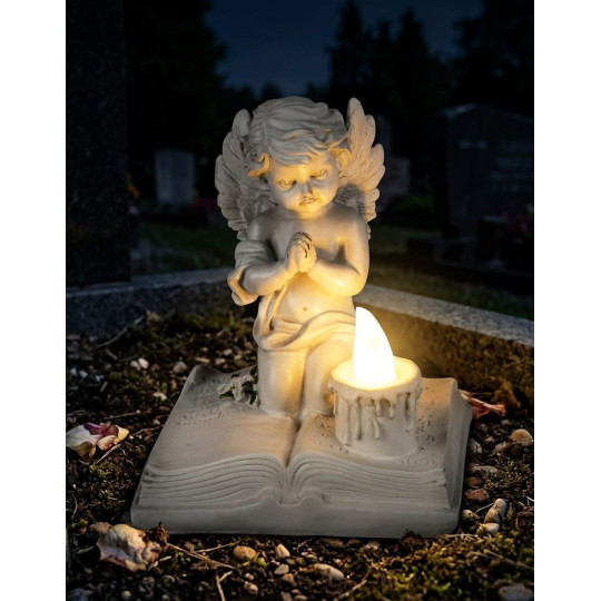 LED dekorácia na hrob MagicHome Modliaci anjelik na knihe 13,5 cm
