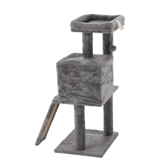 Stâlp pentru zgâriat cu căsuță pentru pisică, 45 × 35 × 90 cm, gri