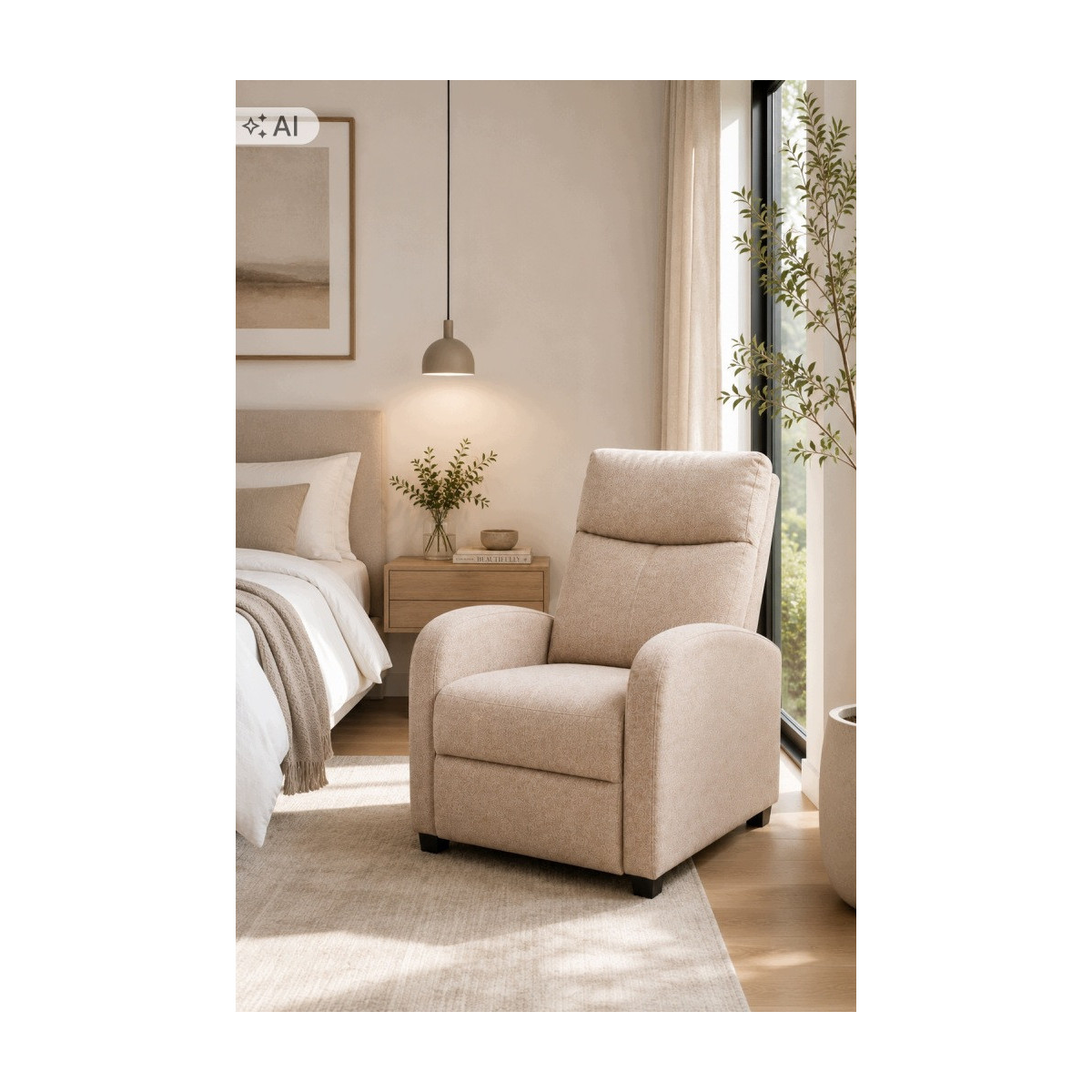 Fotoliu extensibil din material textil, de culoare bej