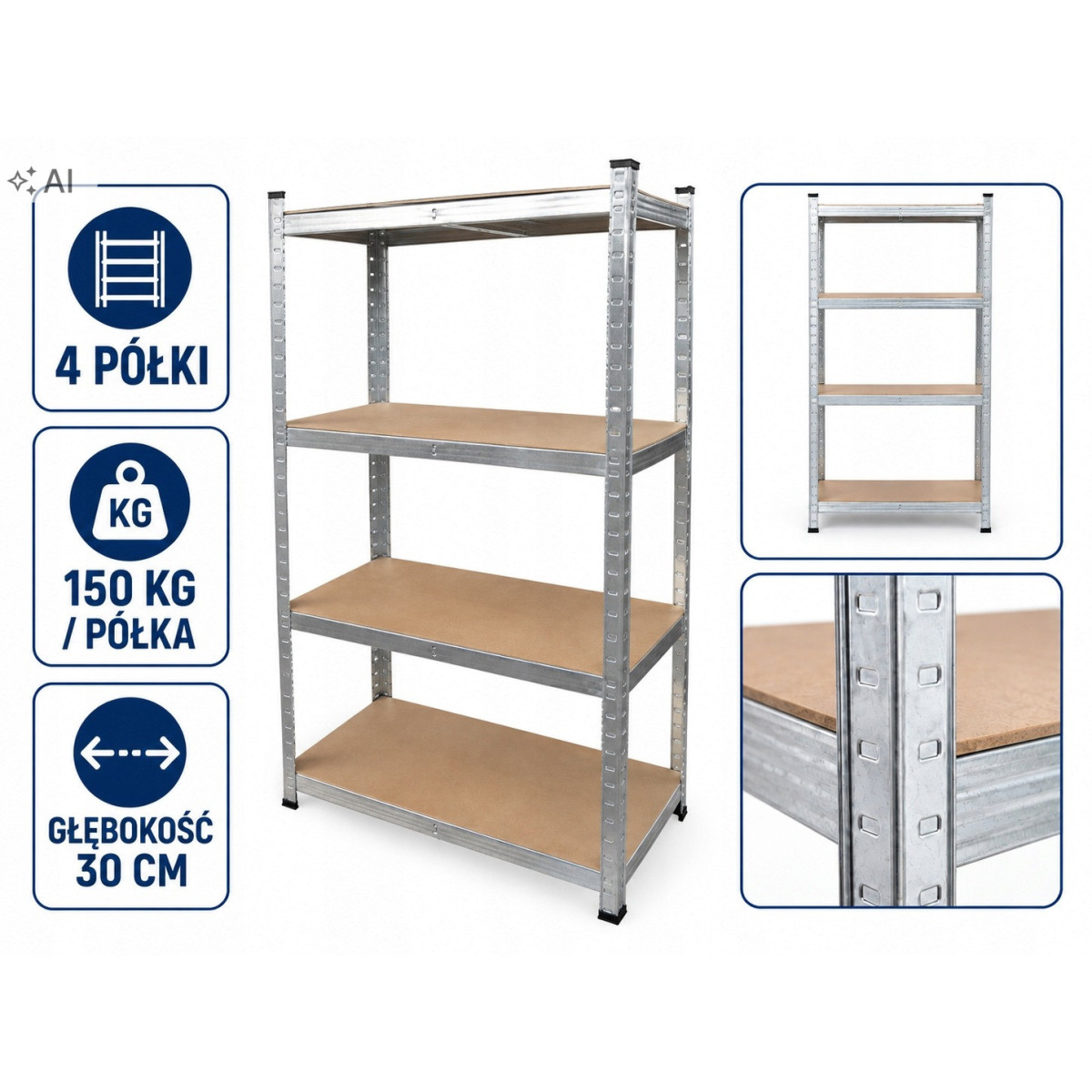Raft metalic cu 4 polițe 150 × 70 × 30 cm - capacitate 150 kg pe poliță
