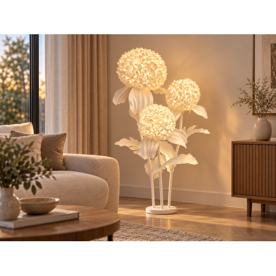 Decorațiune florală LED 3D Crizantemă 1,5 m - 3 flori albe