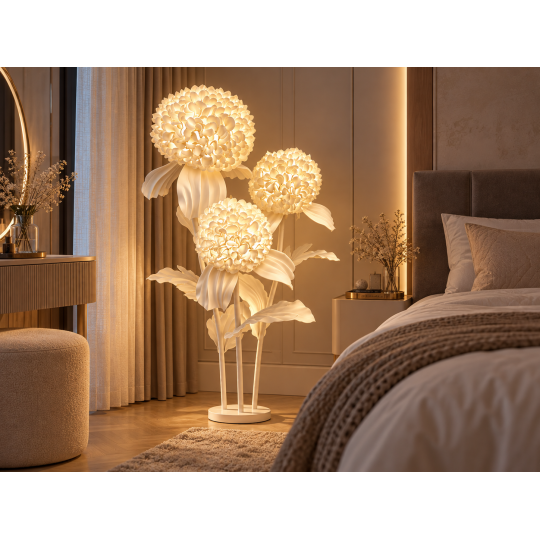 Decorațiune florală LED 3D Crizantemă 1,5 m - 3 flori albe