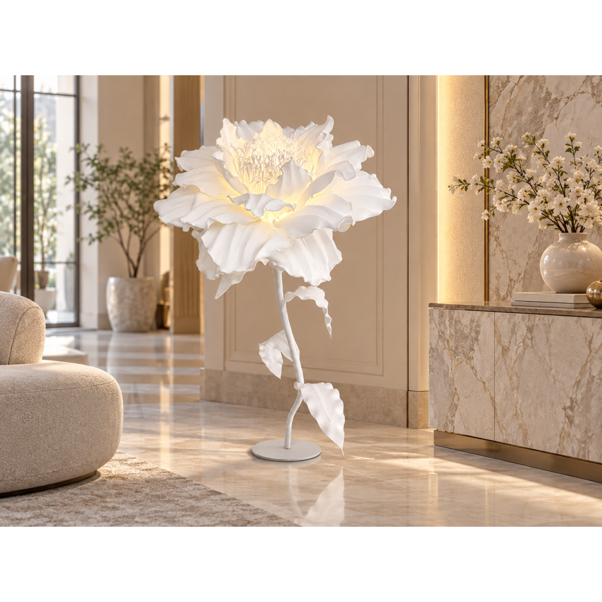 Decorațiune florală LED bujor chinezesc 1,5 m, albă