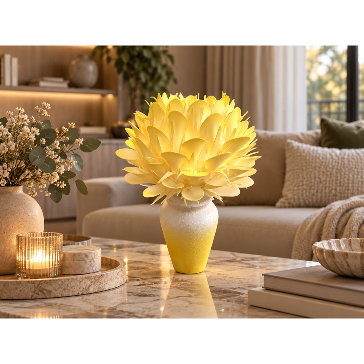 Decorațiune florală LED Protea regală în ghiveci 45 × 25 cm