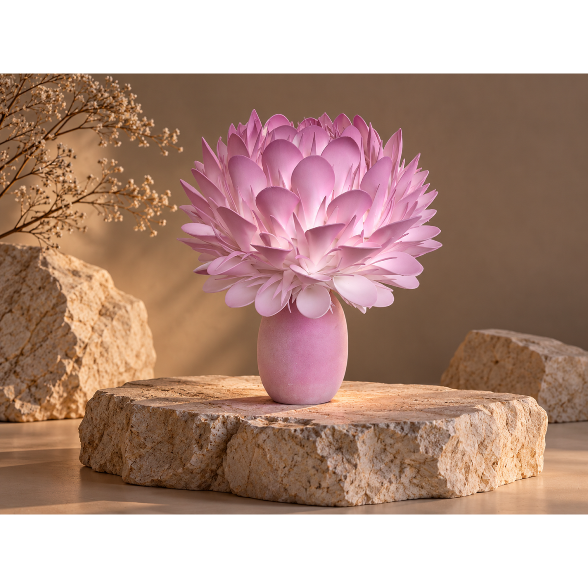 Decorațiune florală LED Protea regală în ghiveci 46 × 30 cm
