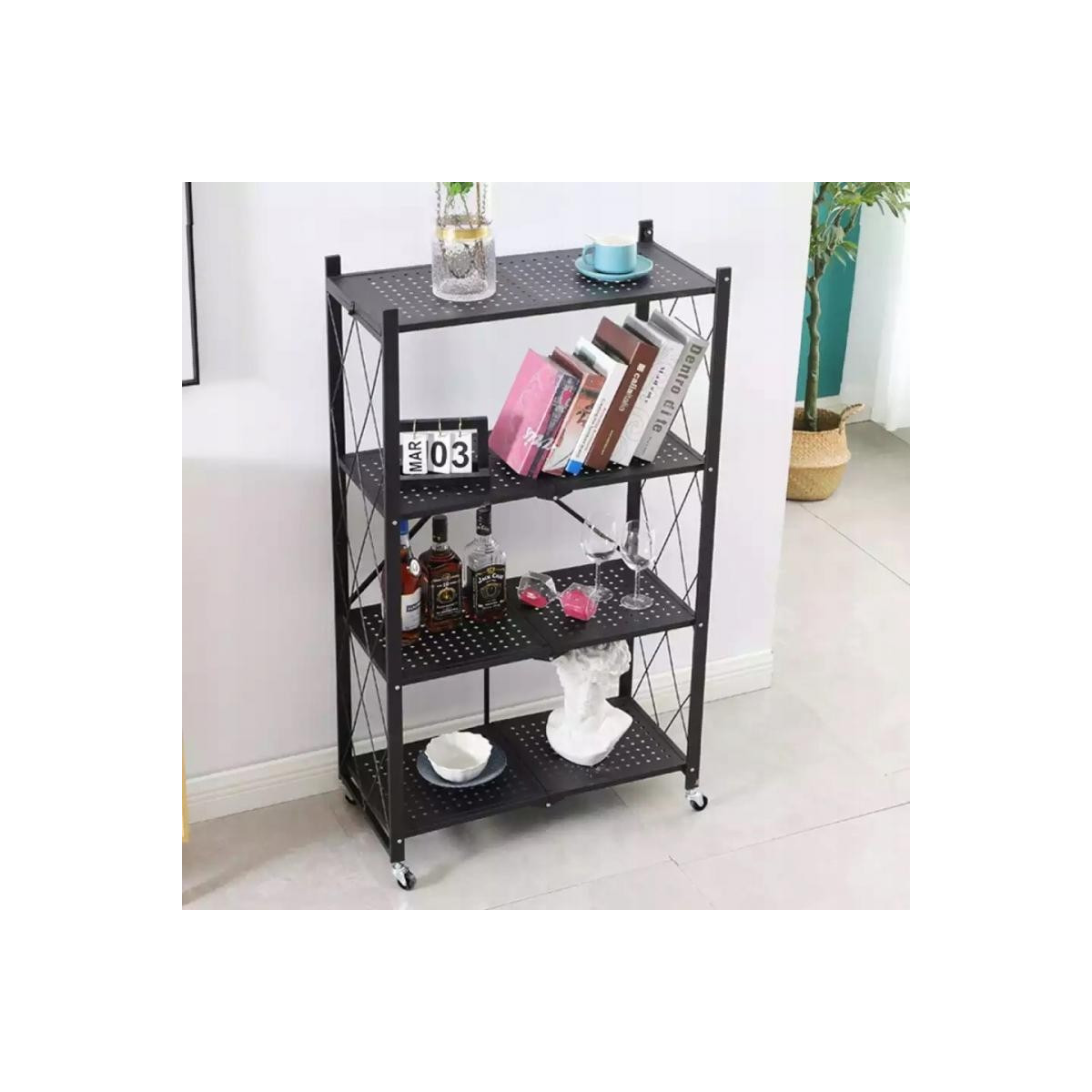 Ră shelf de calitate pe roți de culoare neagră 127x72x34 cm