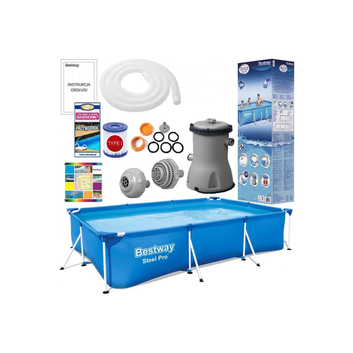 Piscină de grădină pentru vară, de culoare albastră, cu dimensiunile de 300x201x66 cm.