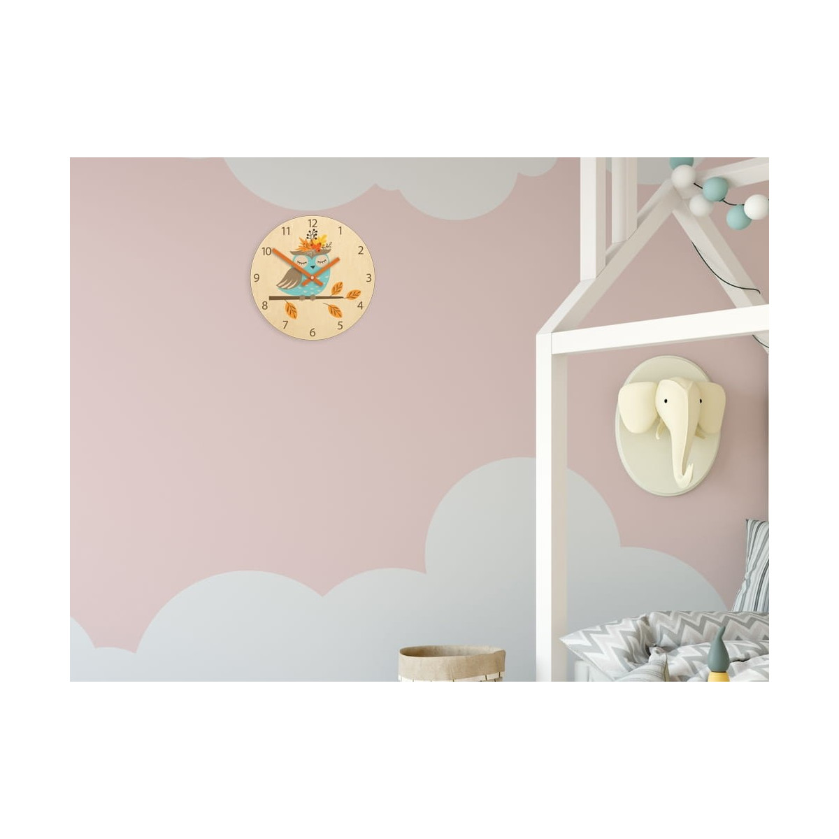 Ceas de perete pentru copii cu bufniță de toamnă