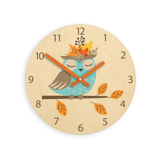 Ceas de perete pentru copii cu bufniță de toamnă