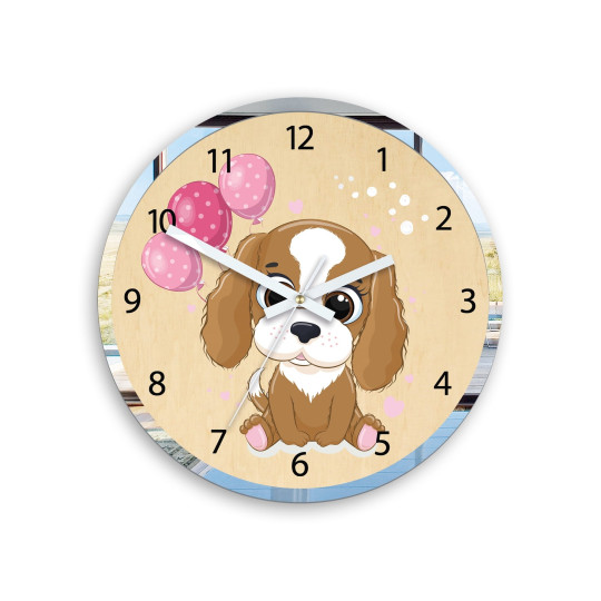 Ceasuri de perete originale pentru copii cu motivul unui cățel cu un balon
