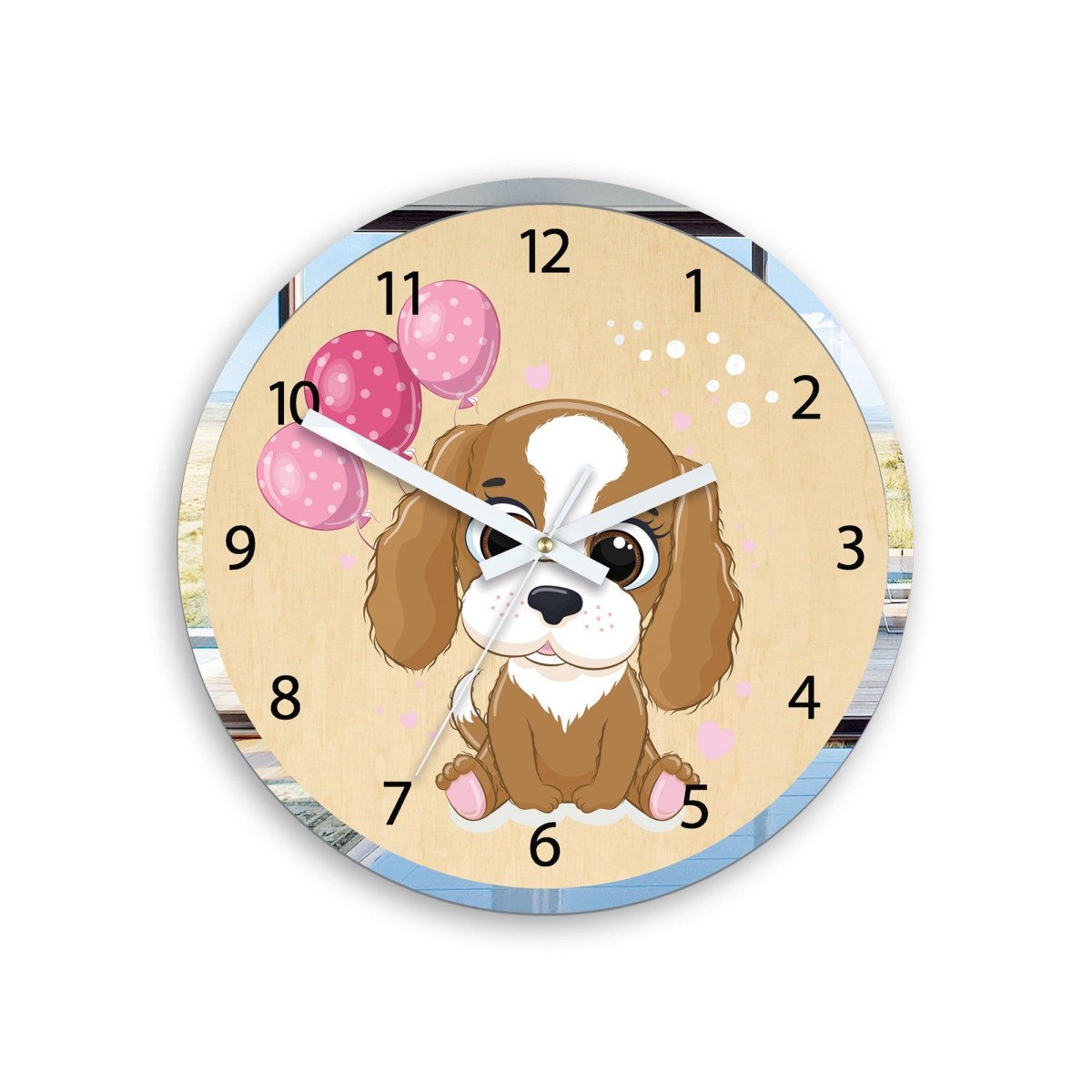 Ceasuri de perete originale pentru copii cu motivul unui cățel cu un balon