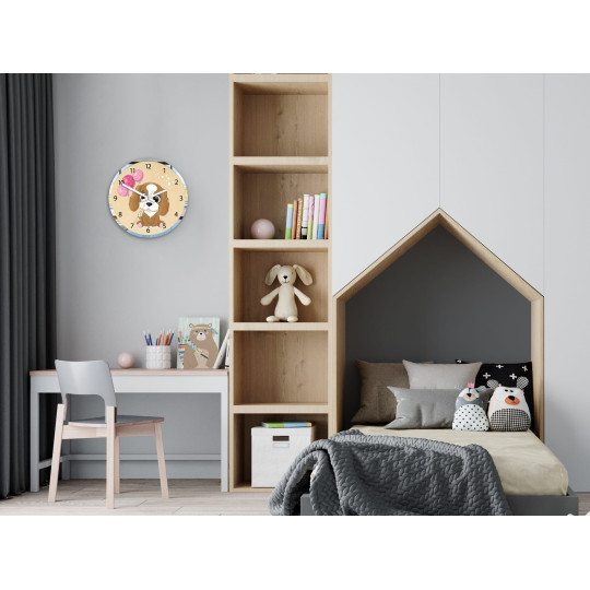 Ceasuri de perete originale pentru copii cu motivul unui cățel cu un balon