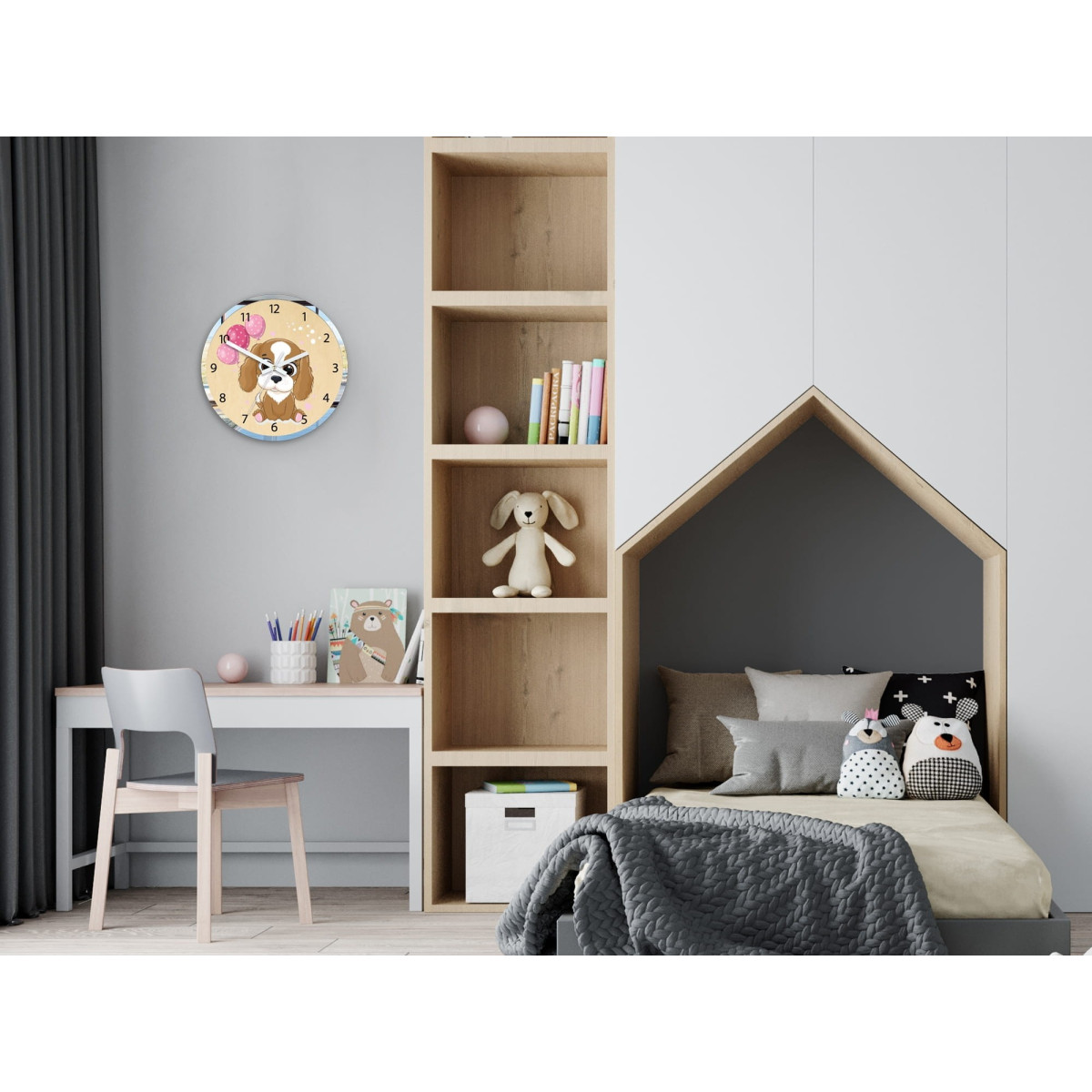 Ceasuri de perete originale pentru copii cu motivul unui cățel cu un balon