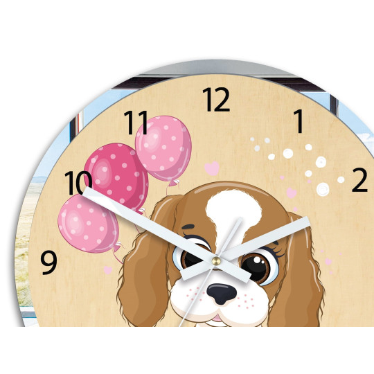 Ceasuri de perete originale pentru copii cu motivul unui cățel cu un balon
