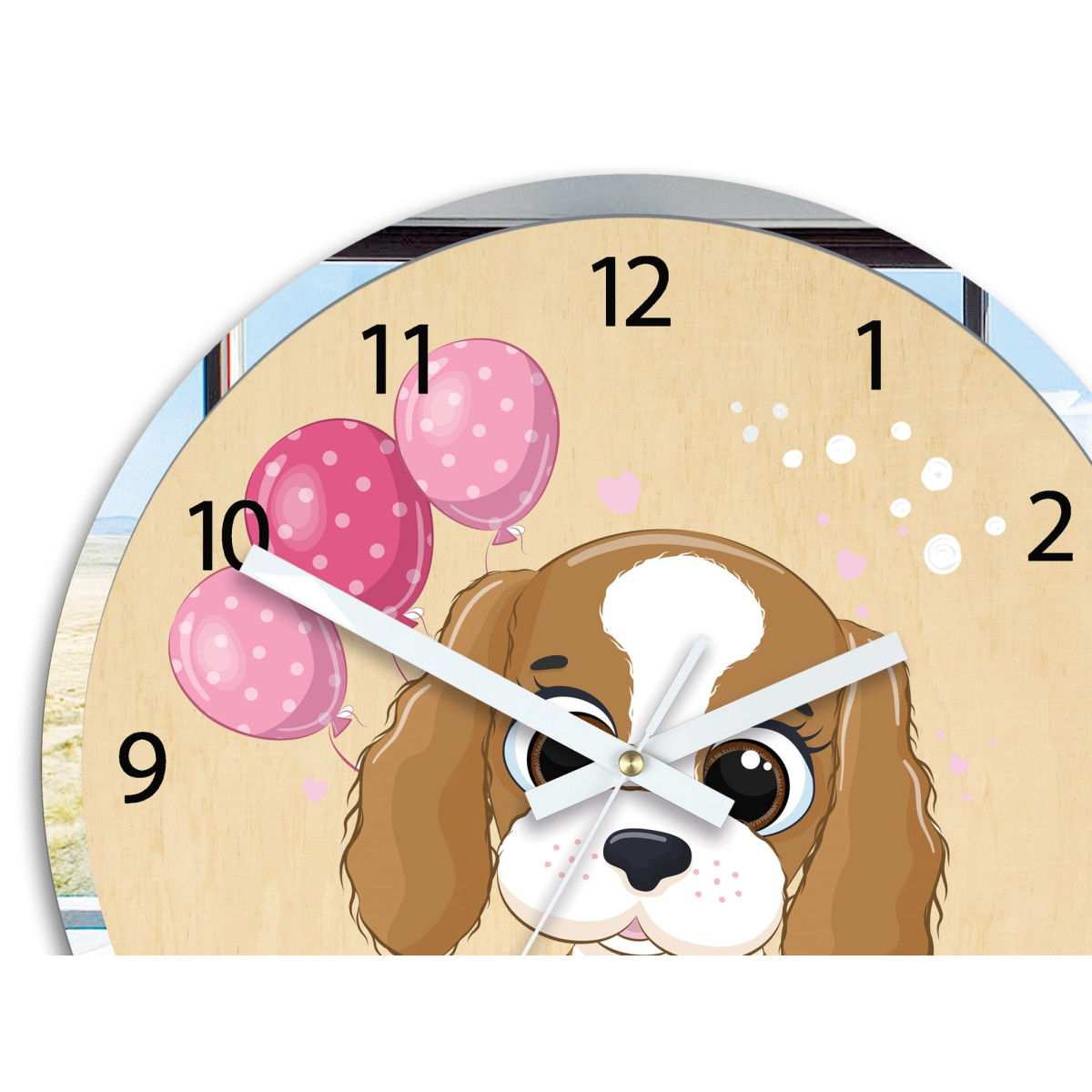 Ceasuri de perete originale pentru copii cu motivul unui cățel cu un balon