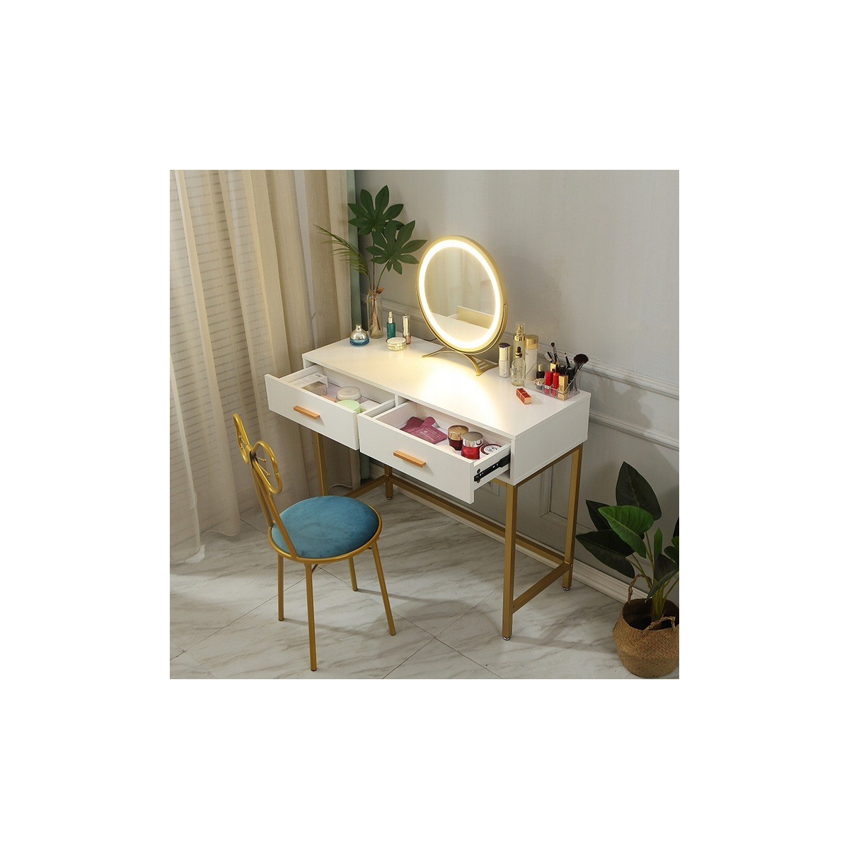 Măsuță de toaletă cu iluminare LED de culoare aurie
